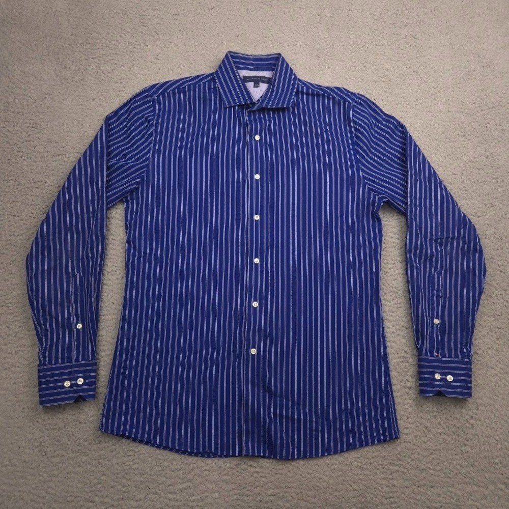 Tommy Hilfiger Men's Dress Shirt 15.5 34/35 Blue White Striped Long Sleeve Cotto